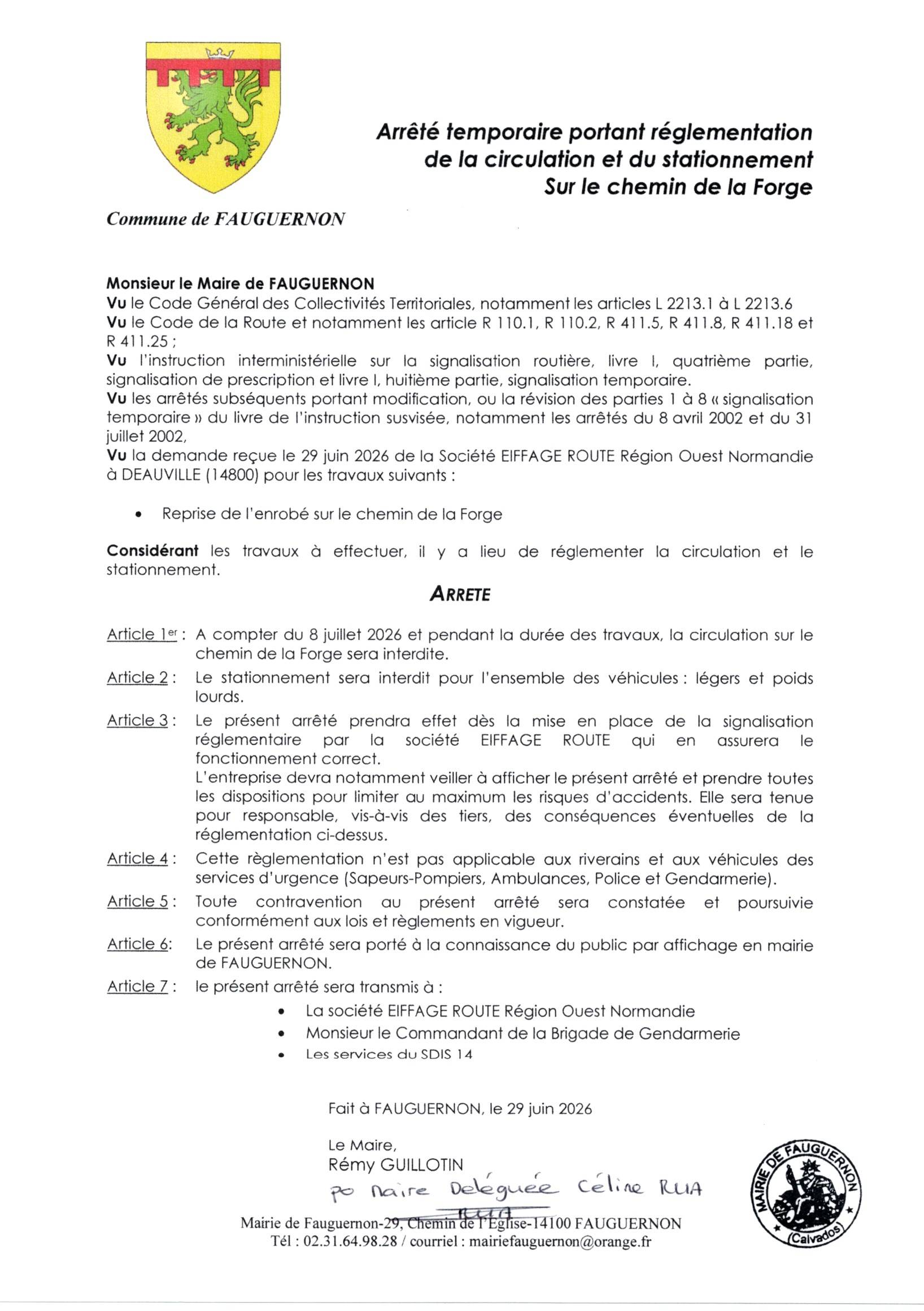 Arrêté temporaire pour le chemin de la Forge